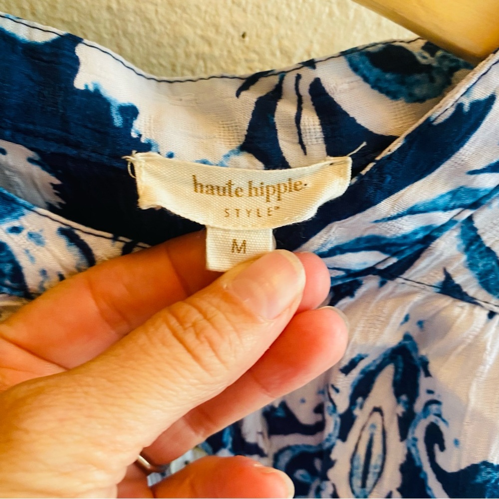 Haute Hippie Top Blue Artsy Print Balloon Batwing Sleeve Button Up Blouse Sz M - Picture 4 of 5